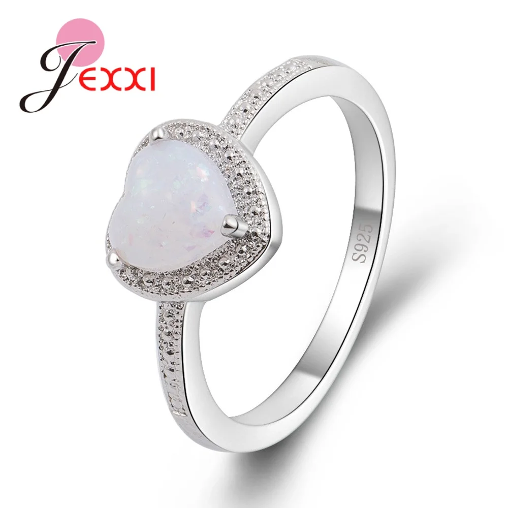

Classic Solid 925 Sterling Silver Rings With Heart Shaped White Fire Opal Stone Best Wedding Fashion Jewelry For Women