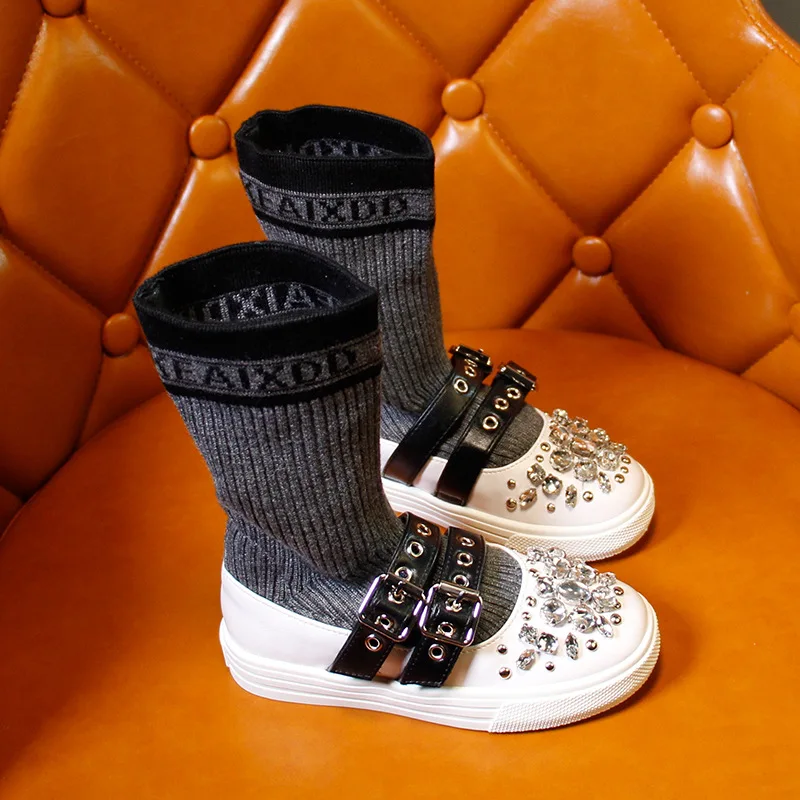Girls Crystal Fashion Mid-calf Boots 2018 Children's Slip-on Round Toe Shoes Winter for | Детская одежда и обувь