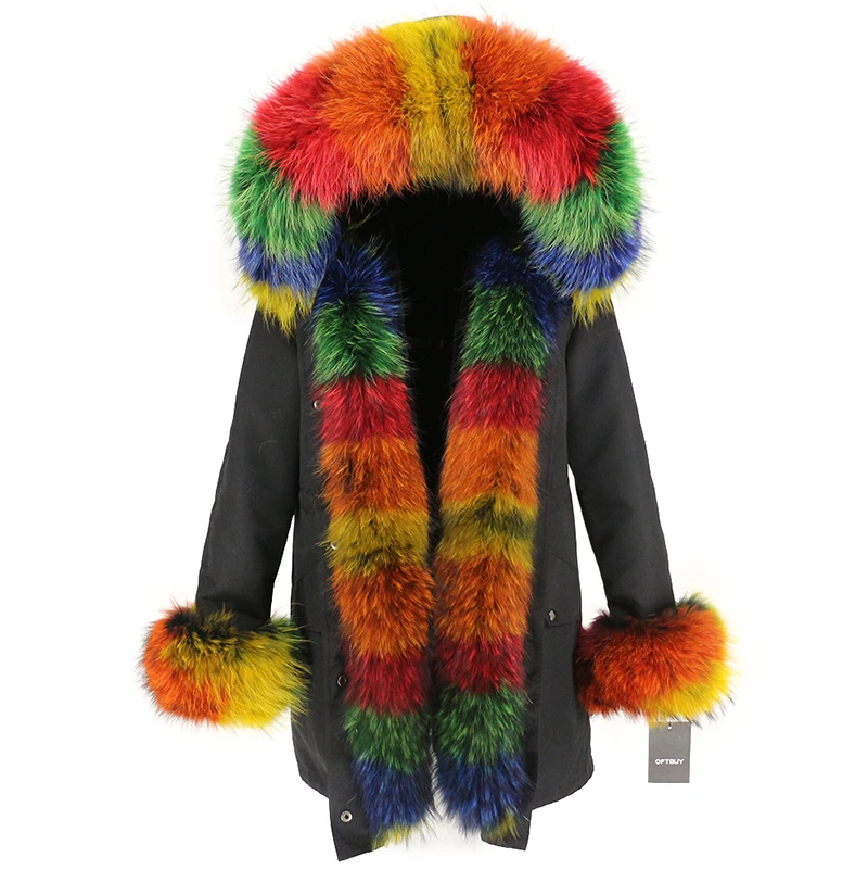 OFTBUY, пальто с натуральным мехом, зимняя куртка для женщин, натуральный мех енота, капюшон, водонепроницаемая, длинная парка, съемная, уличная одежда, роскошные парки, теплые