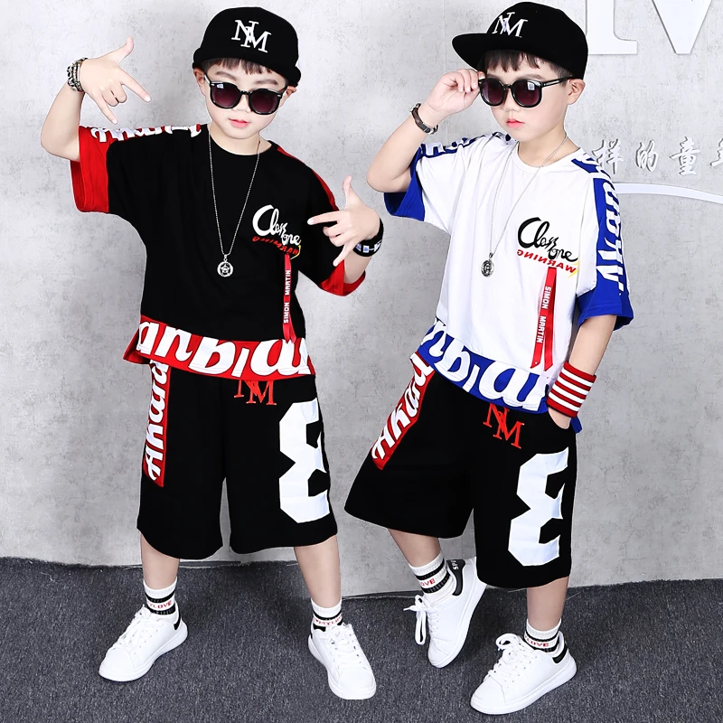 

Hip Hop Performance Clothes Children's Short Sleeve Loose Clothing Set Teenager Kids Summer Handsome Spliced Sports Suits X400