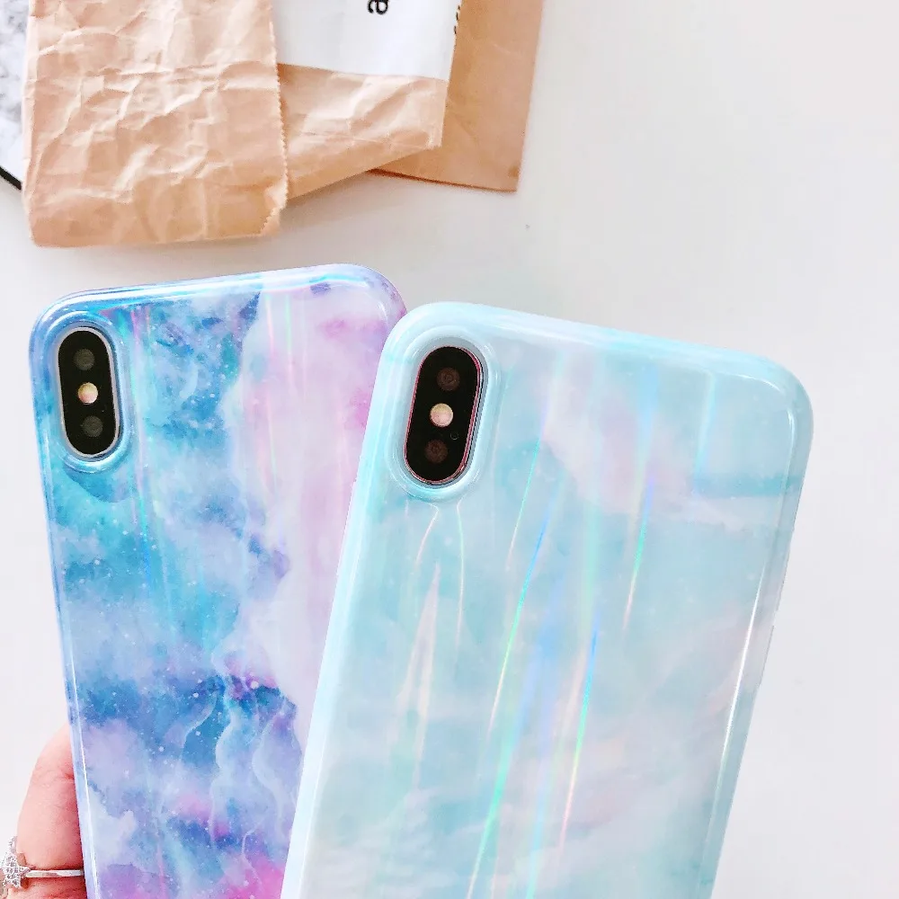 Чехол для iPhone X Xr Xs Max корейский лазерный чехол из мягкого ТПУ с мраморной кожей