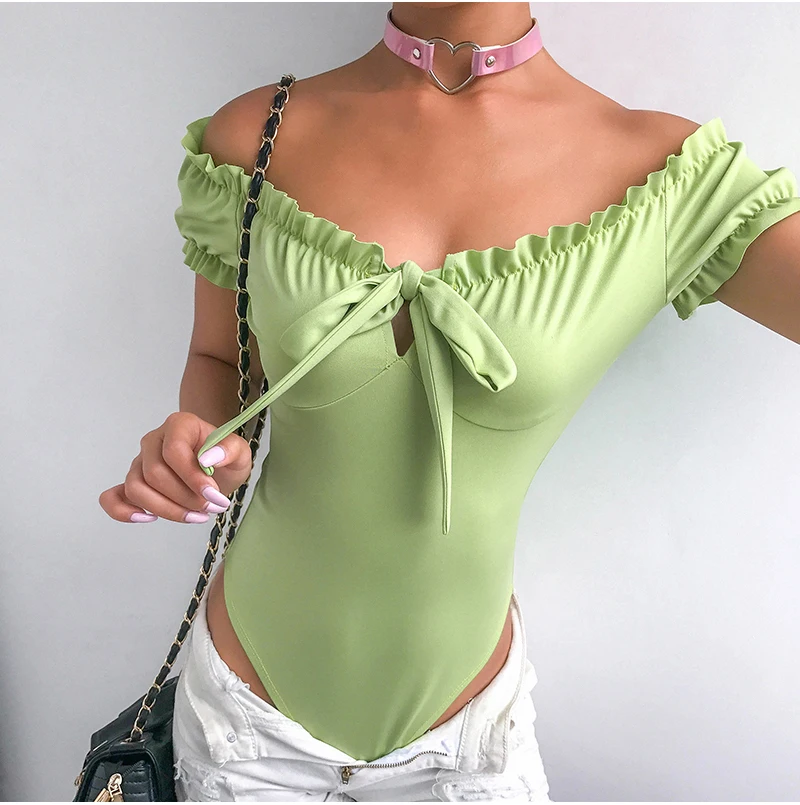 Для женщин Off Shoulder Ruffle боди с короткими рукавами комбинезон с бантом женские Однотонная одежда Купальник Ползунки Лето