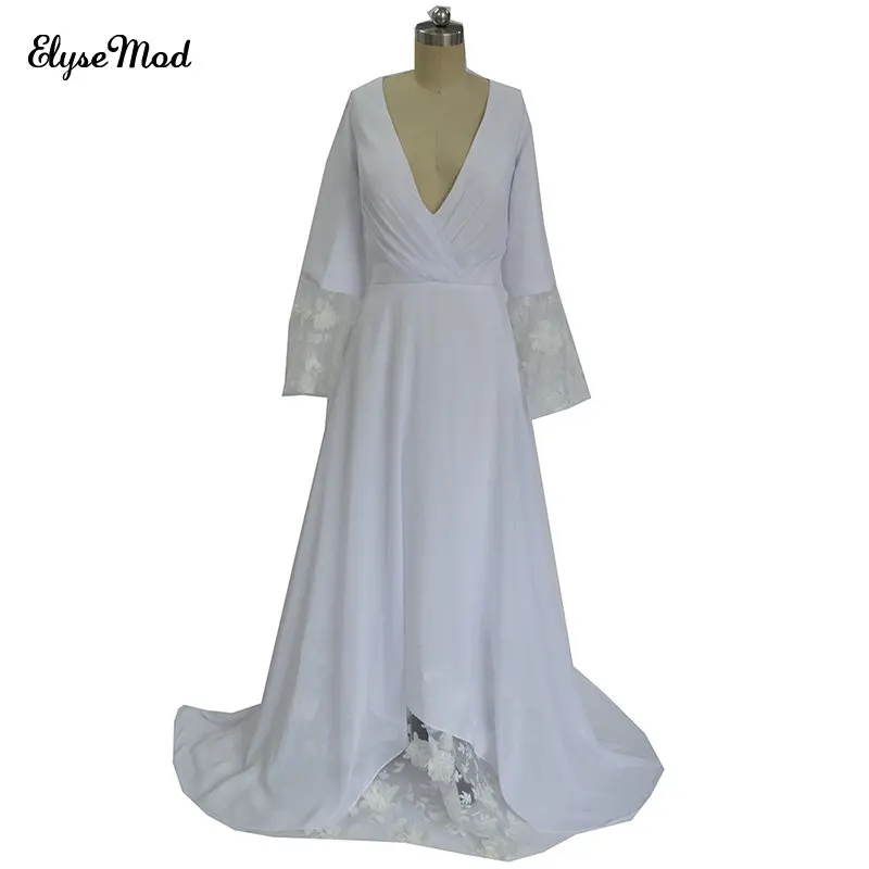 

A-line White Ivory Wedding Dress Simple Tulle Cheap Long Sleeves Plus Size Bridal Gown
