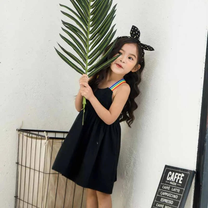 Детская Костюмы Летнее платье для девочек Радуга ремень просто черный Хлопковое