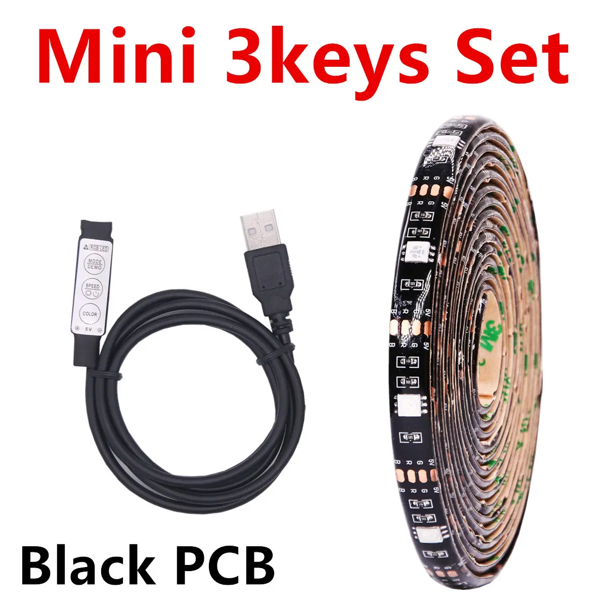 Black PCB 3key Set RGB Светодиодная лента Водонепроницаемая 5050 DC 5V USB светодиодный светильник Гибкая неоновая лента с пультом дистанционного управления ТВ фоновый светильник ing подсветка - Испускаемый цвет: Black PCB 3key Set