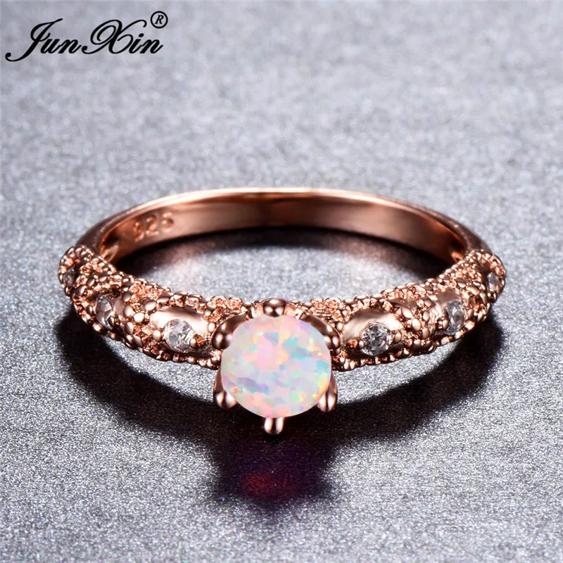 JUNXIN Мужской Женский Белый/Синий огненный опал кольцо Мода 18KT розовое золото