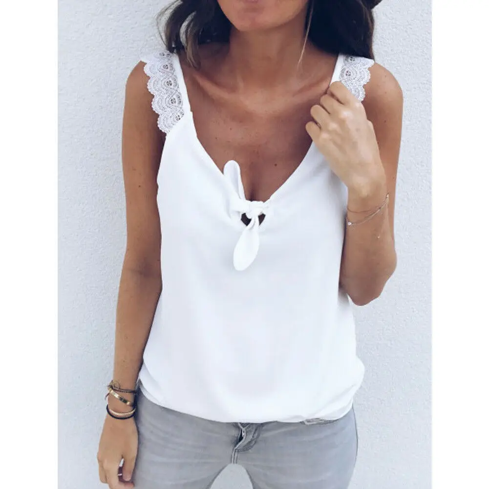 

Fashion Women Tank Top Summer Deep V Neck Knot Vest Top Lady Sleeveless Shirt Top Lace Mesh Loose Casual Tank Tops