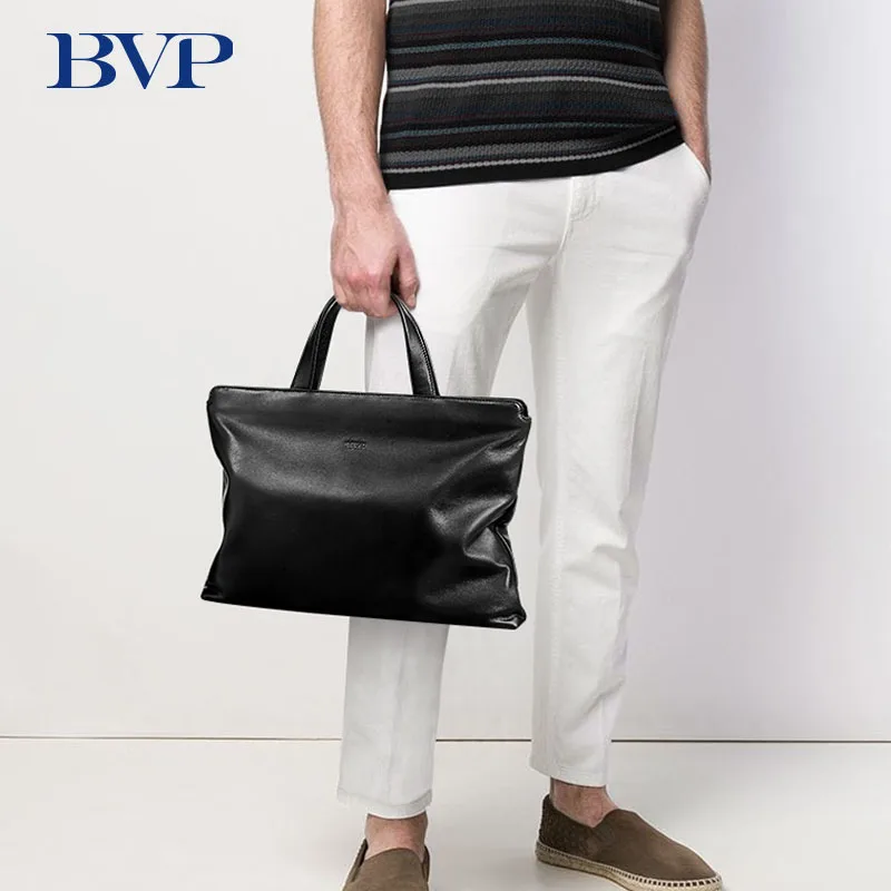 Мужской портфель BVP из натуральной кожи для ноутбука 14 дюймов черного цвета