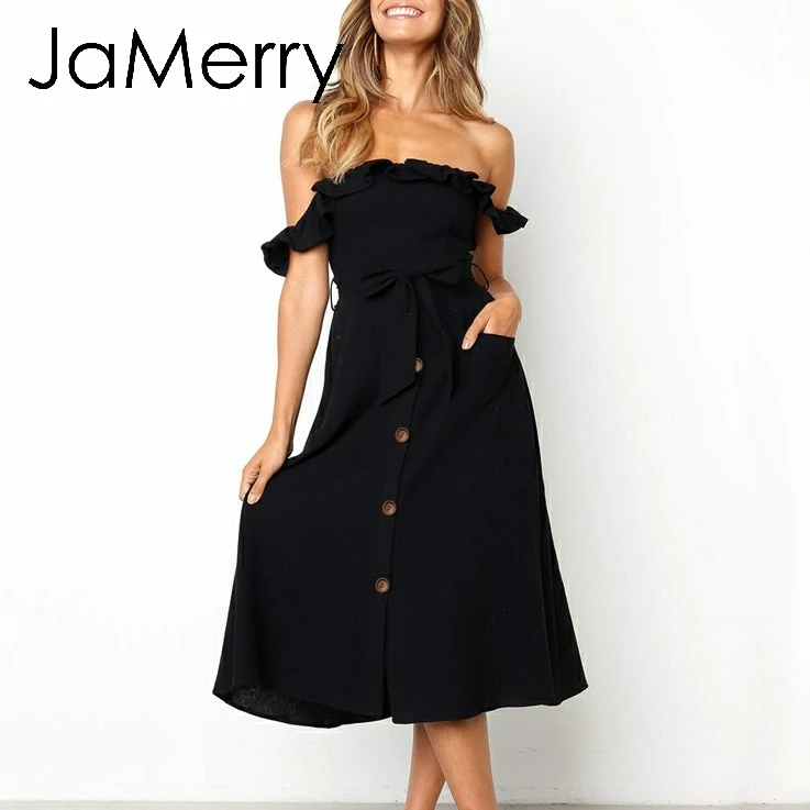 JaMerry Сексуальное женское платье с открытыми плечами и рюшами Элегантное Черное