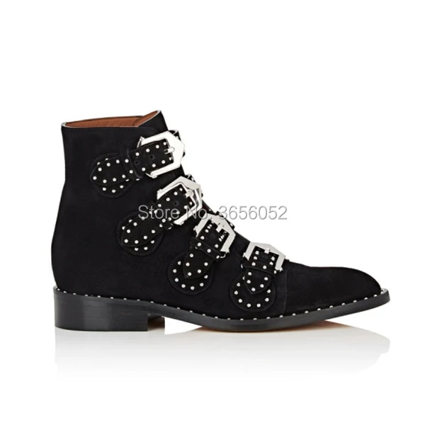 Qianruiti Botas Mujer Leather Suede Low Heel Ankle Boots For Women Autumn Shoes Casual Stone-Studded Buckle Straps Bota Feminina | Обувь