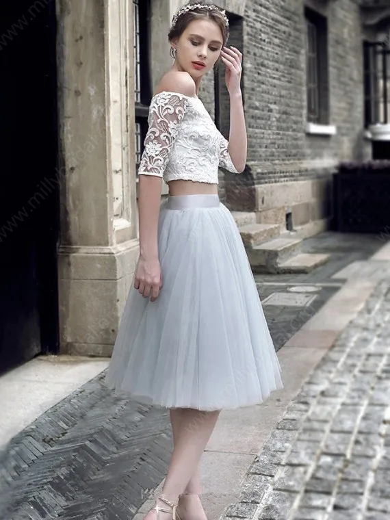

Silver Homecoming Dresses A-line Half Sleeves Knee Length Two Pieces Tulle Lace Elegant Cocktail Dresses
