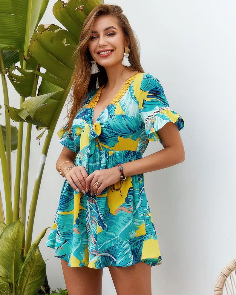 2019 Women Summer Mini Dress Printed Deep V Neck Playsuit A-Line Vintage Vestidos De Fiesta Beach Night Club | Женская одежда