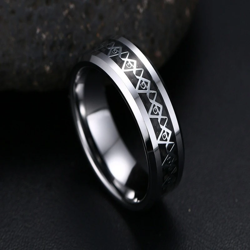 8мм 100% Кольцо из карбида вольфрама для мужчин Серебряное Масонское Карбоновое Целлюлозное Мужское Ювелирное украшение Комфортная посадка Размеры 7-13