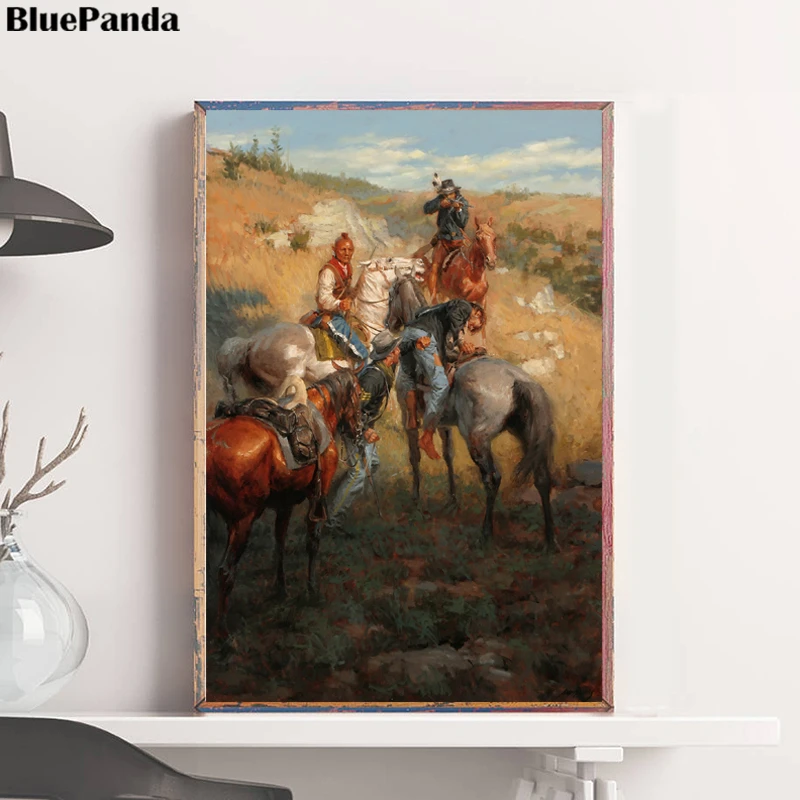 Ковбойская езда лошадь война город Weatern плакат картина маслом холст настенная