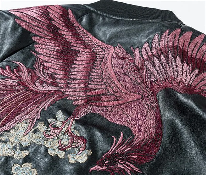 

MORUANCLE Fashion Men Flower Embroidered Leather Bomber Jackets And Coats Varsity Baseball Jacket With Embroidery Outerwear