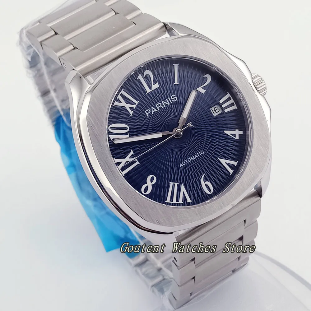 39 мм Parnis нержавеющая сталь синий/белый циферблат сапфир 21 jewels Miyota 8215