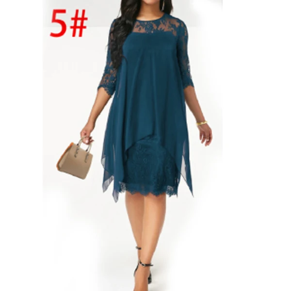 Denim Blue Женское модное кружевное платье элегантное одноцветное платье с рукавом три четверти размера плюс S-5XL - Цвет: Denim Blue