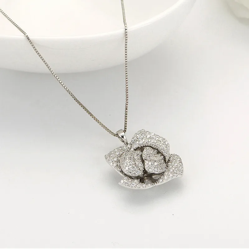 FXLRY New Design Romantic White CZ Cubic Zircon Flower Drop Pendant Necklace And Earrings Jewelry Set | Украшения и аксессуары