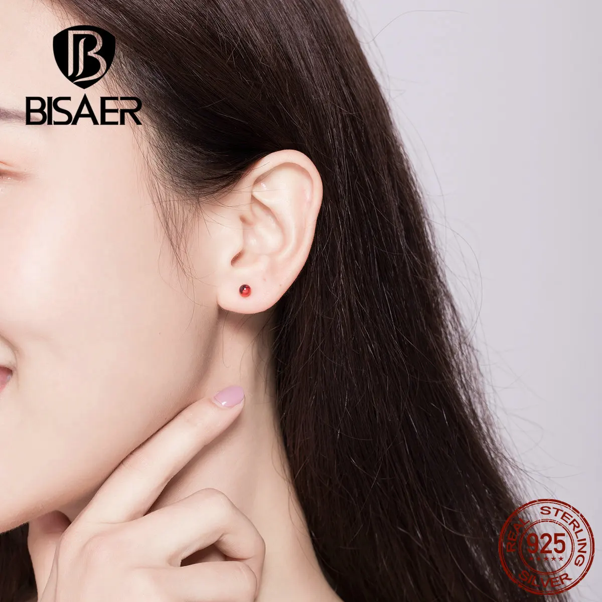 BISAER, красные женские серьги, 925 пробы, серебряные круглые серьги-гвоздики Forever, для женщин, роскошные ювелирные изделия из стерлингового серебра ECE657