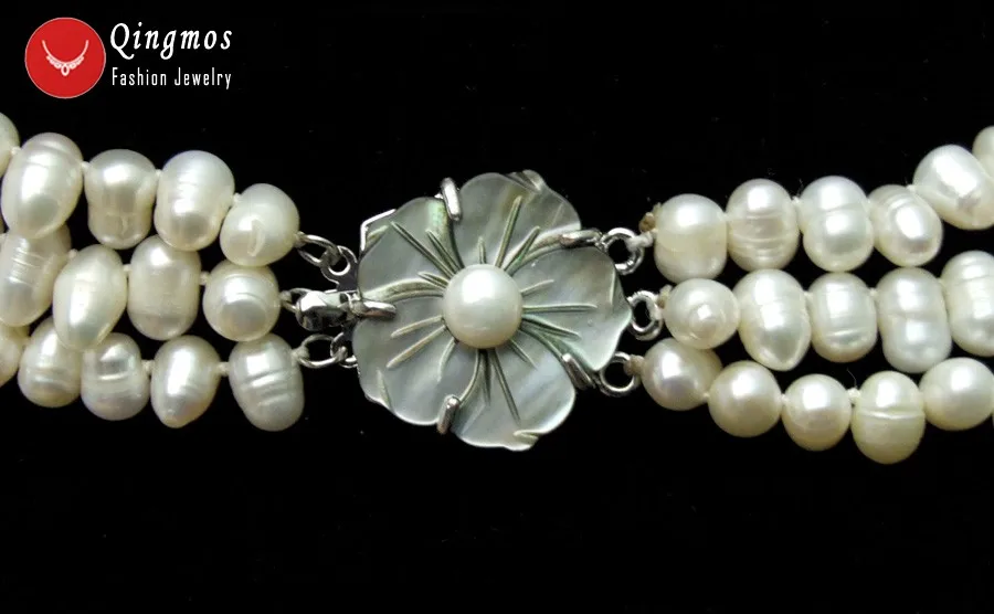 

Qingmos Natural Pearl Neckalce for Women with 3 Strands 6-7mm Side Hole Rice Pearl Chokers Necklace Flower Clasp Jewelry Ne5163