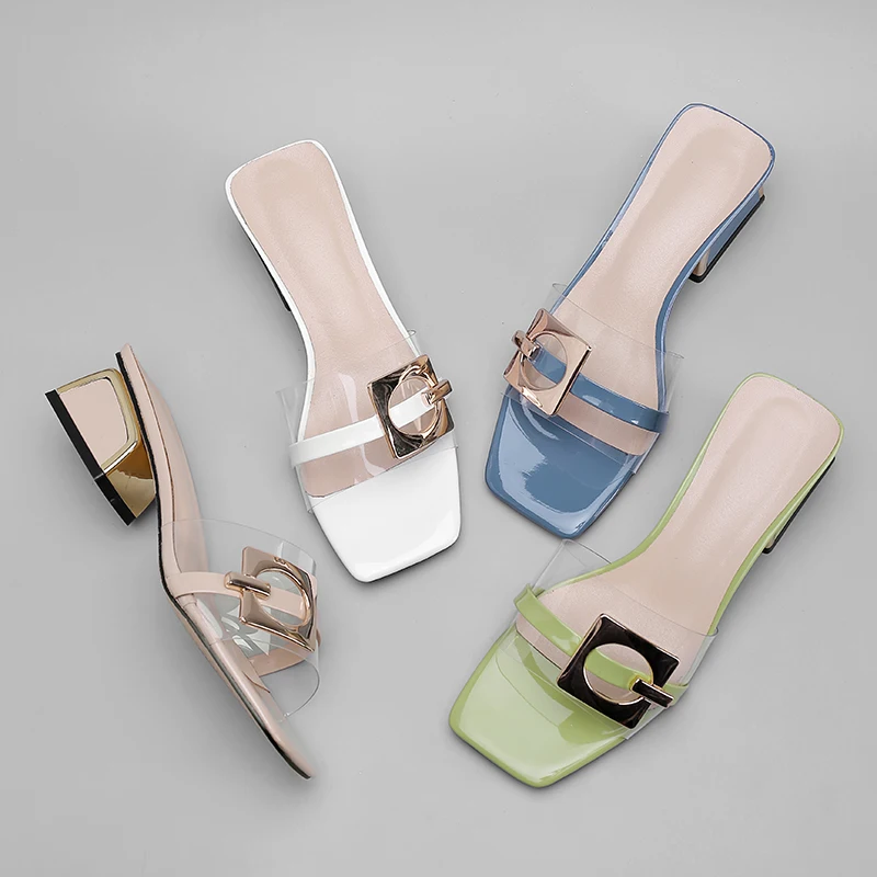 Женские шлепанцы из ПВХ на толстом каблуке с открытым носком|Тапочки| |