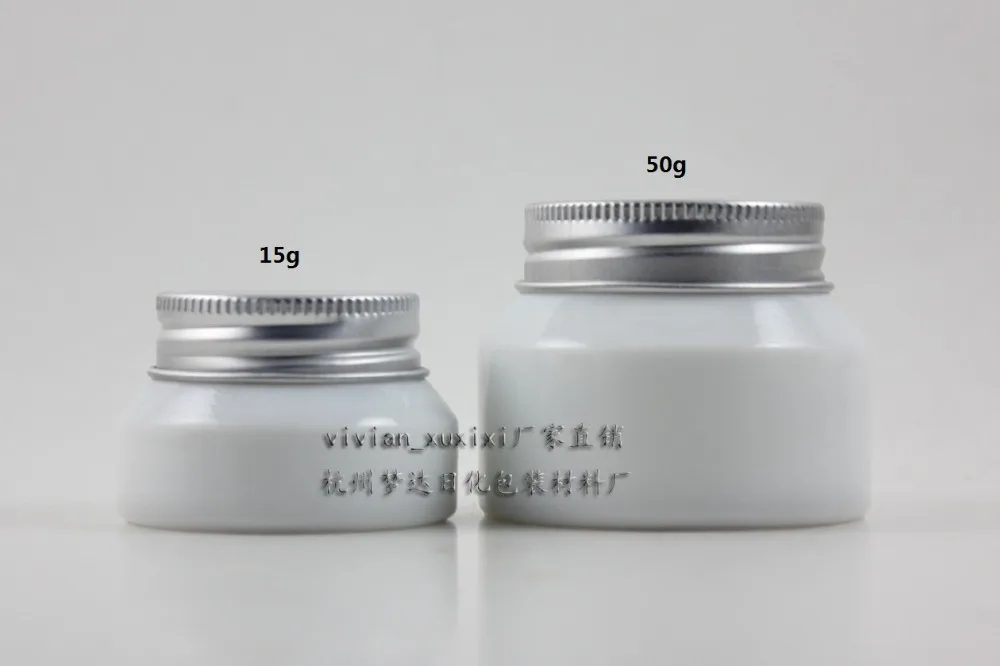 50g white glass cream jar with silver aluminum lid, 50g cosmetic jar, packing for mask or eye cream, 50g glass bottle