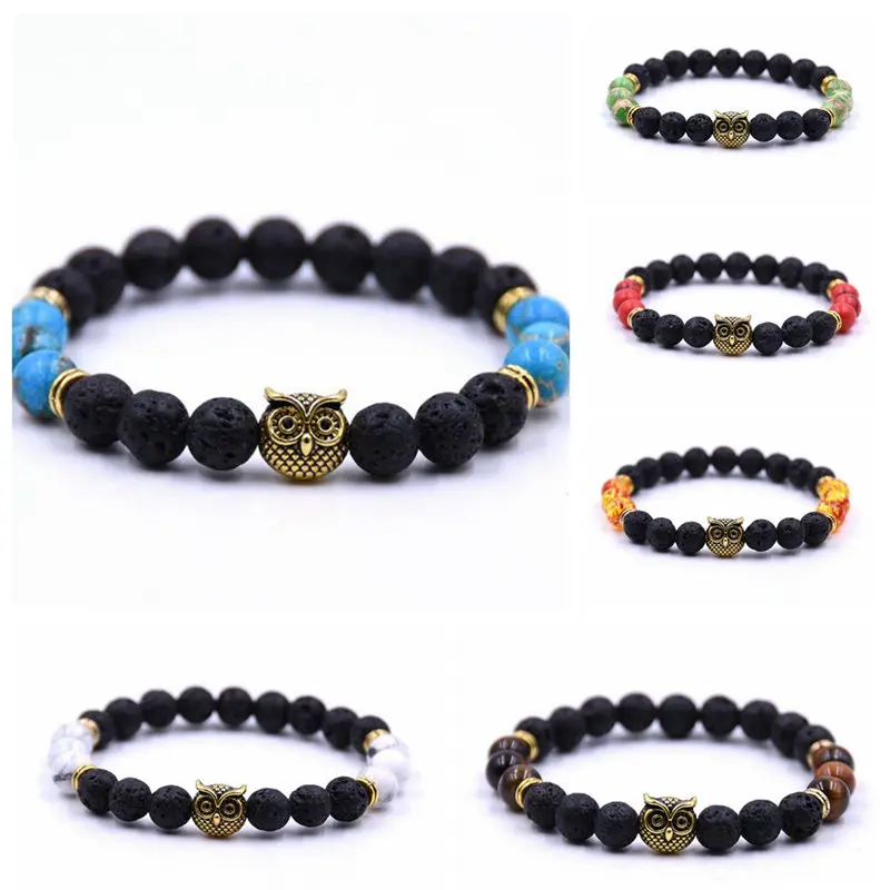 

2018 Antique Gold Color Animal Owl Head Bracelet Men Beaded black Lava Stone Bracelets Pluseras Women Stretch Yoga Jewelry Lol