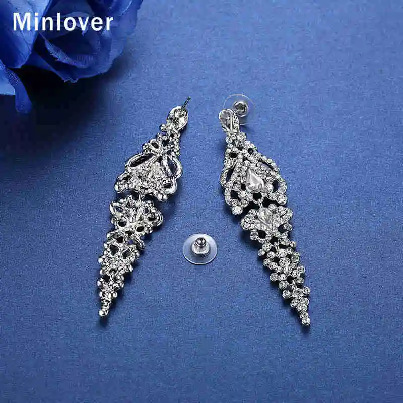 Minlover свадебные серьги кристалл длинные висячие для невесты серебряного цвета