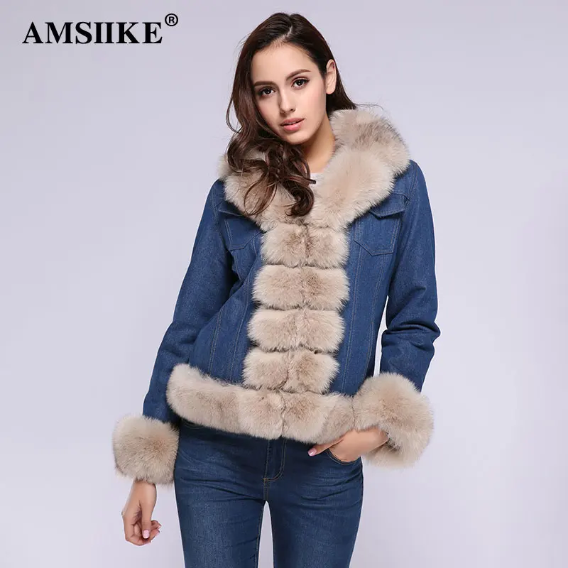 AMSIIEK Шикарная Джинсовая Куртка С Мехом Лисы Воротник Отстегивается 2018-1 | Женская