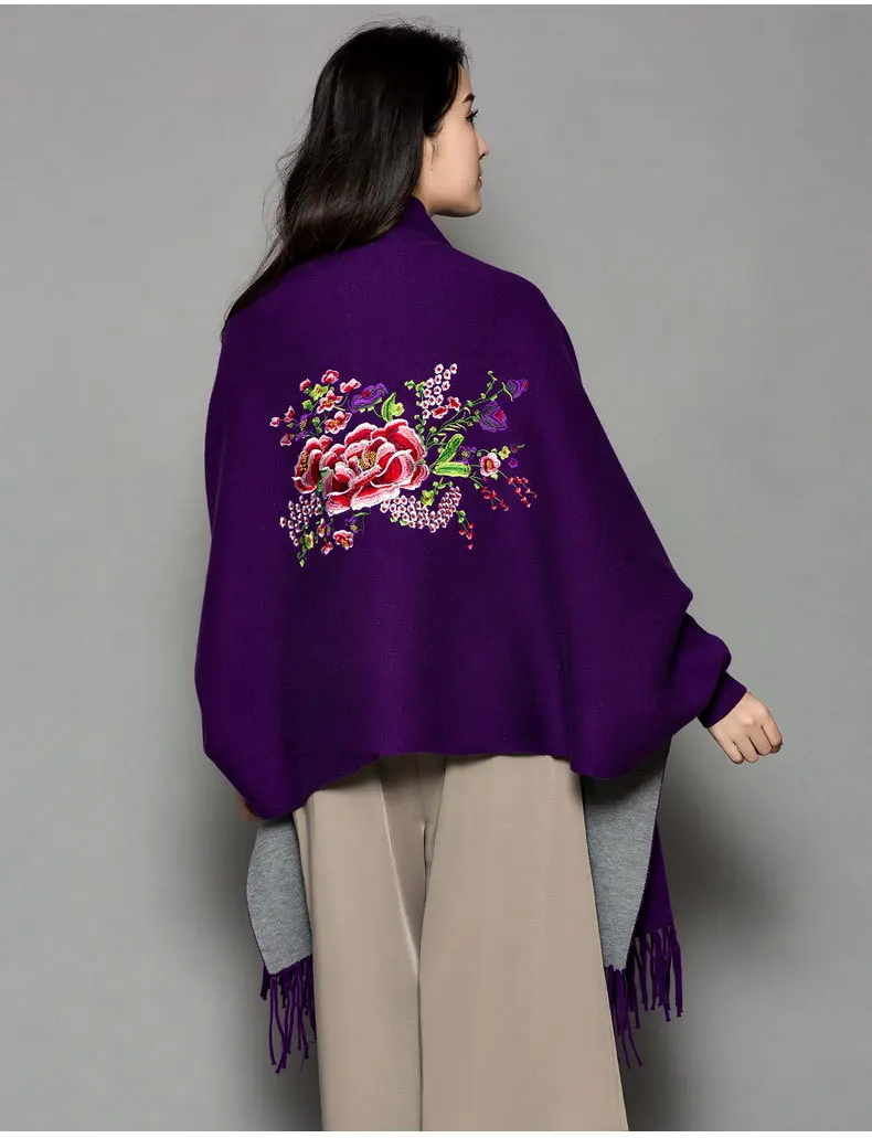 Purple and grey Зимний шарф Для женщин пион вышивка шарфы и палантины рукава летучая мышь толщиной модный кардиган с бахромой Кондиционер - Цвет: Purple and grey