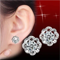 shiny crystal flower female stud earrings jewelry top quality silver plated earrings for girl women birthday gift