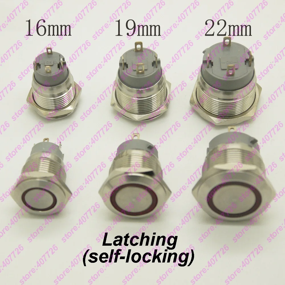 

50PCS 16MM/19MM/22MM Stainless Steel Metal Button Switch illuminated Ring LED 12V/24V Latching Fixed Locking Flat Head MAX 10A