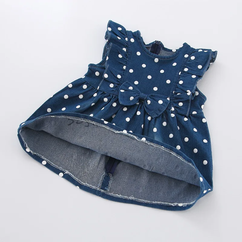 Girls Dresses 2019 Burst Models Children's Cute Polka Dot Bow Lace Collar Denim Pompon Dress Sweet Girl Clothing | Детская одежда и