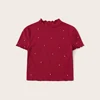 SHEIN модная женская футболка с воротником-стойкой, украшенная жемчугом и бусинами, элегантные летние женские Топы с коротким рукавом