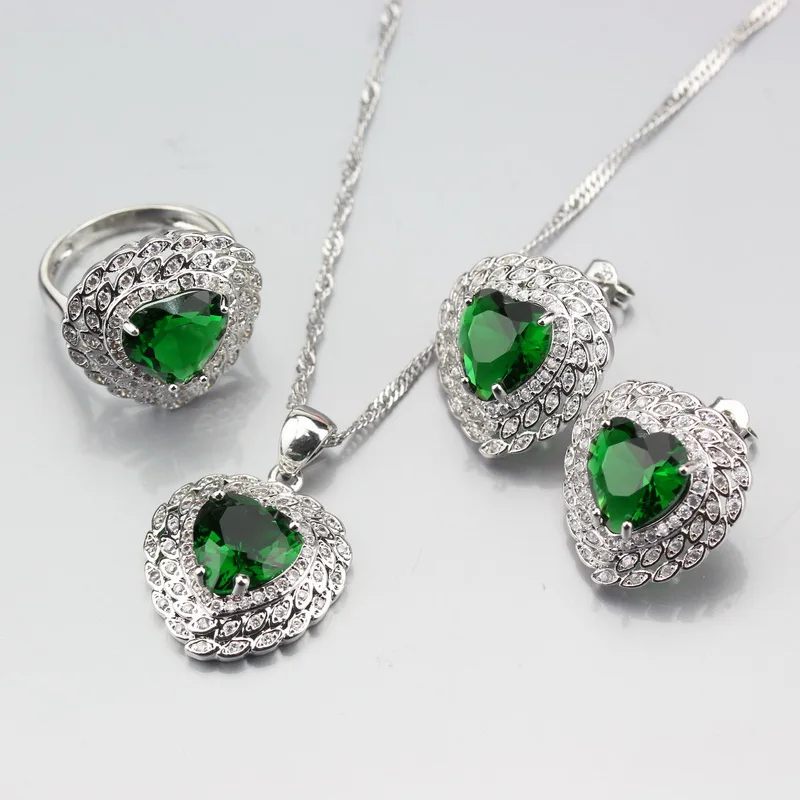 2017 New Style Heart Green Zircon Earrings Necklace Pendant Ring Silver 925 Jewelry Sets Fashion Party For Women T287 | Украшения и