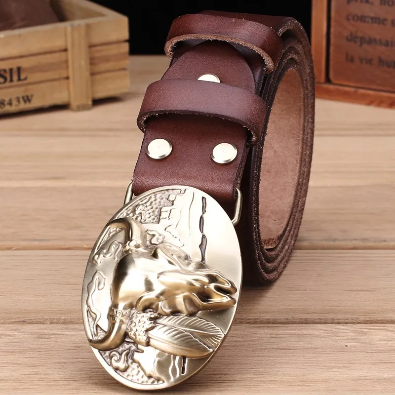 khaki brass buffalo Ремни из натуральной кожи с большой пряжкой для мужчин, мужские ремни класса люкс, натуральная кожа, Верблюжий коричневый, панк, Воловья кожа, китайский стиль, высокое качество - Цвет: khaki brass buffalo