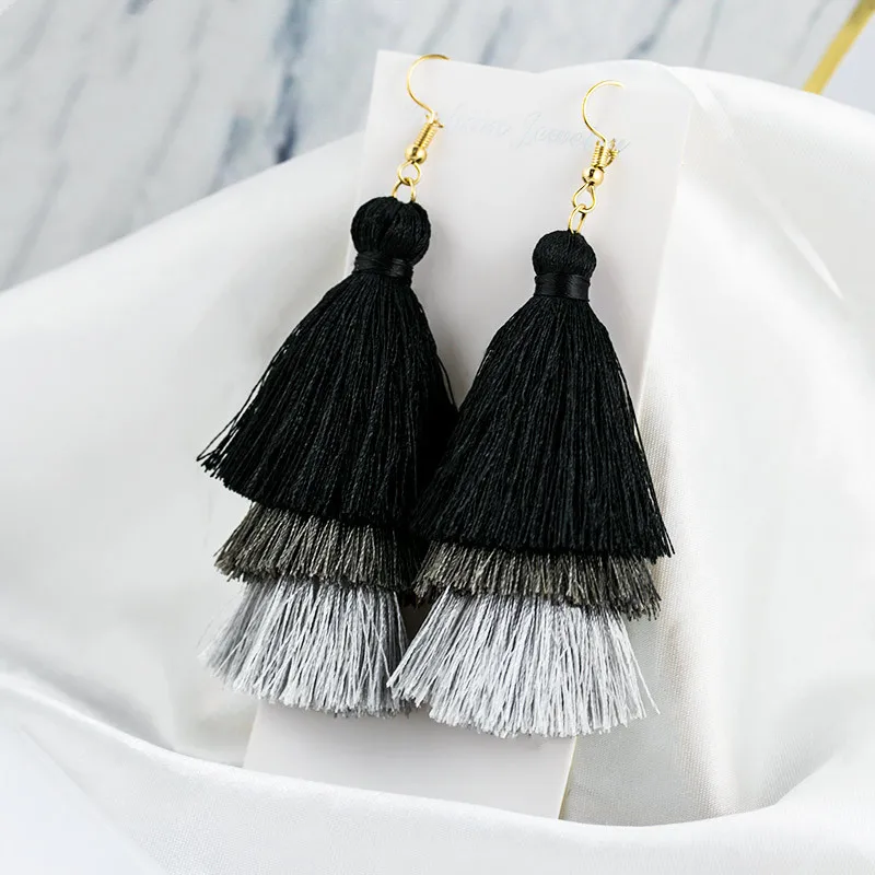 HIYONG Newest 3 Layered Long Tassel Drop Earrings for Women Female Bohemian Pendant Fringe Stratified Woman Earring Gift Jewelry | Украшения