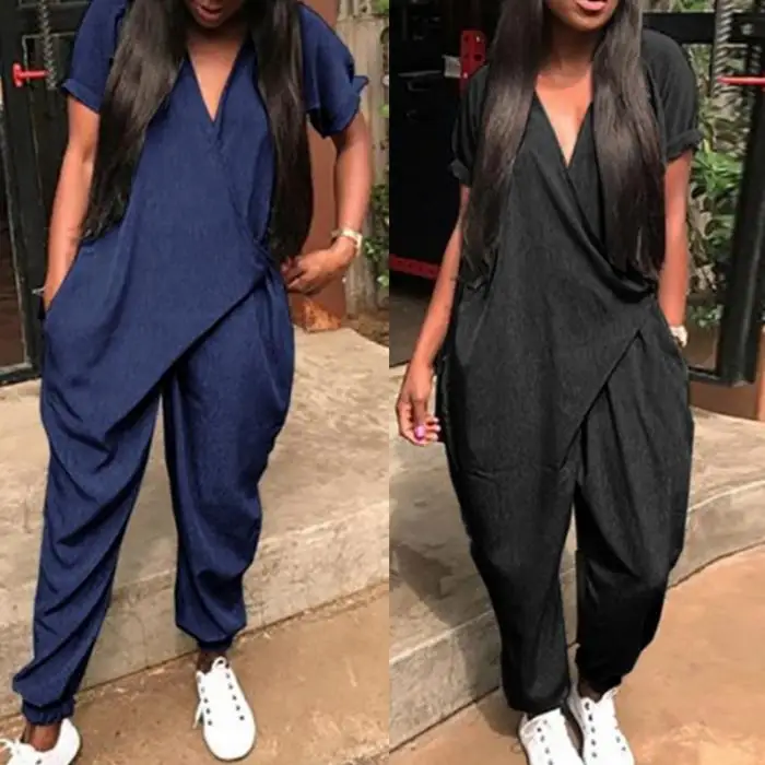 Women V Neck Loose Short Sleeve Solid Color Jumpsuit for Summer Beach Party GDD99