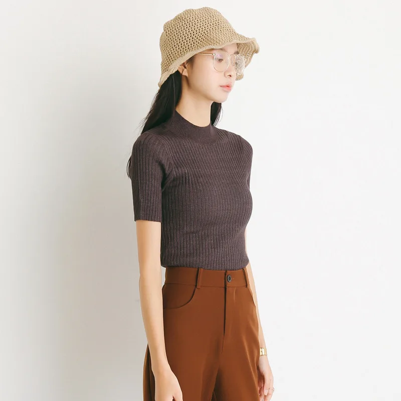 Базовый Однотонный свитер с коротким рукавом и ложным воротником на весну лето |