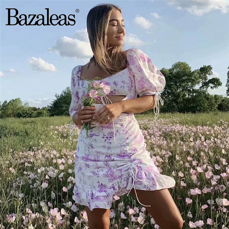 Bazaleas праздник Ruched галстук Винтаж vestido назад выдалбливают женские платья цветочный принт женское платье Прямая