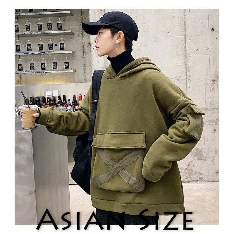 Green(Asian Size) Privathinker, японская толстовка с капюшоном, Мужская Уличная одежда, повседневные одноцветные топы, Осенние большие карманы, пуловер, для улицы - Цвет: Green(Asian Size)