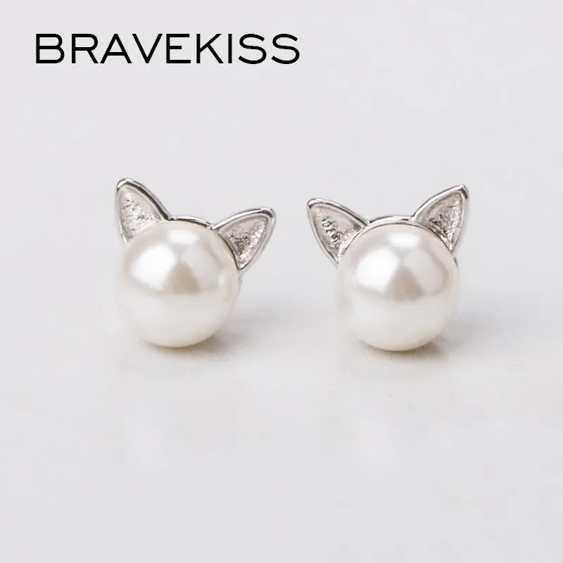 Женские серьги пусеты BRAVEKISS элегантные с кошачьими ушками и жемчугом