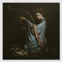 modern art painting of classical chinese beautiful girl with harp printed on canvas with high quality free shipping