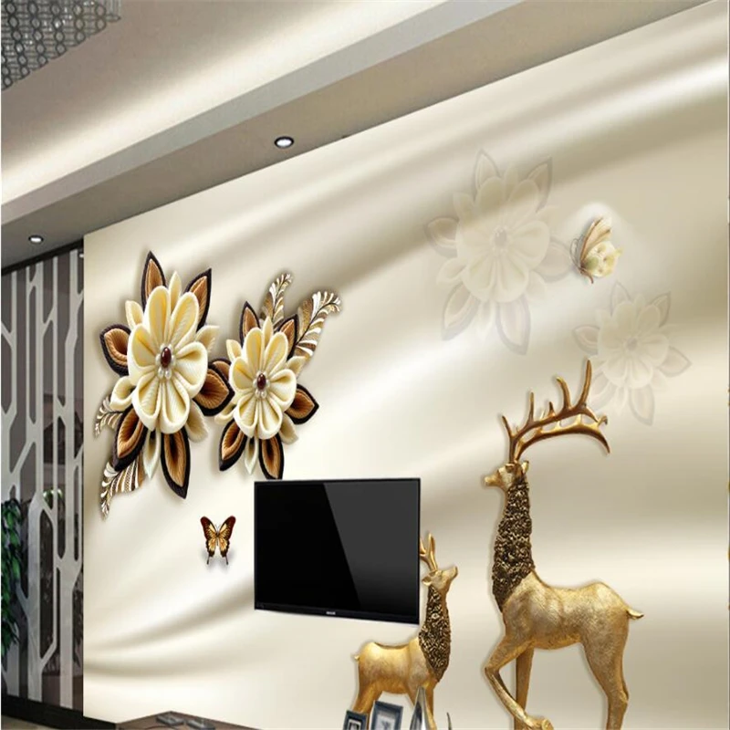 beibehang Custom wallpaper 3d handmade flowers gold deer TV background living room bedroom wall decoration | Обустройство дома