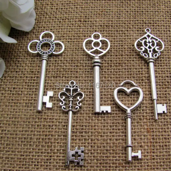 50 шт. Античные Серебристые ключи подвески для ключей в форме скелета из сплава