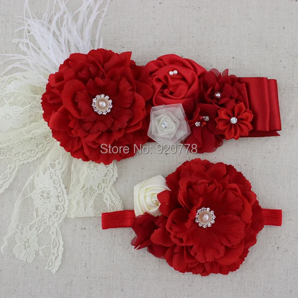 Комплект из 2 предметов красный и белый пояс с цветами для девушки повязка на