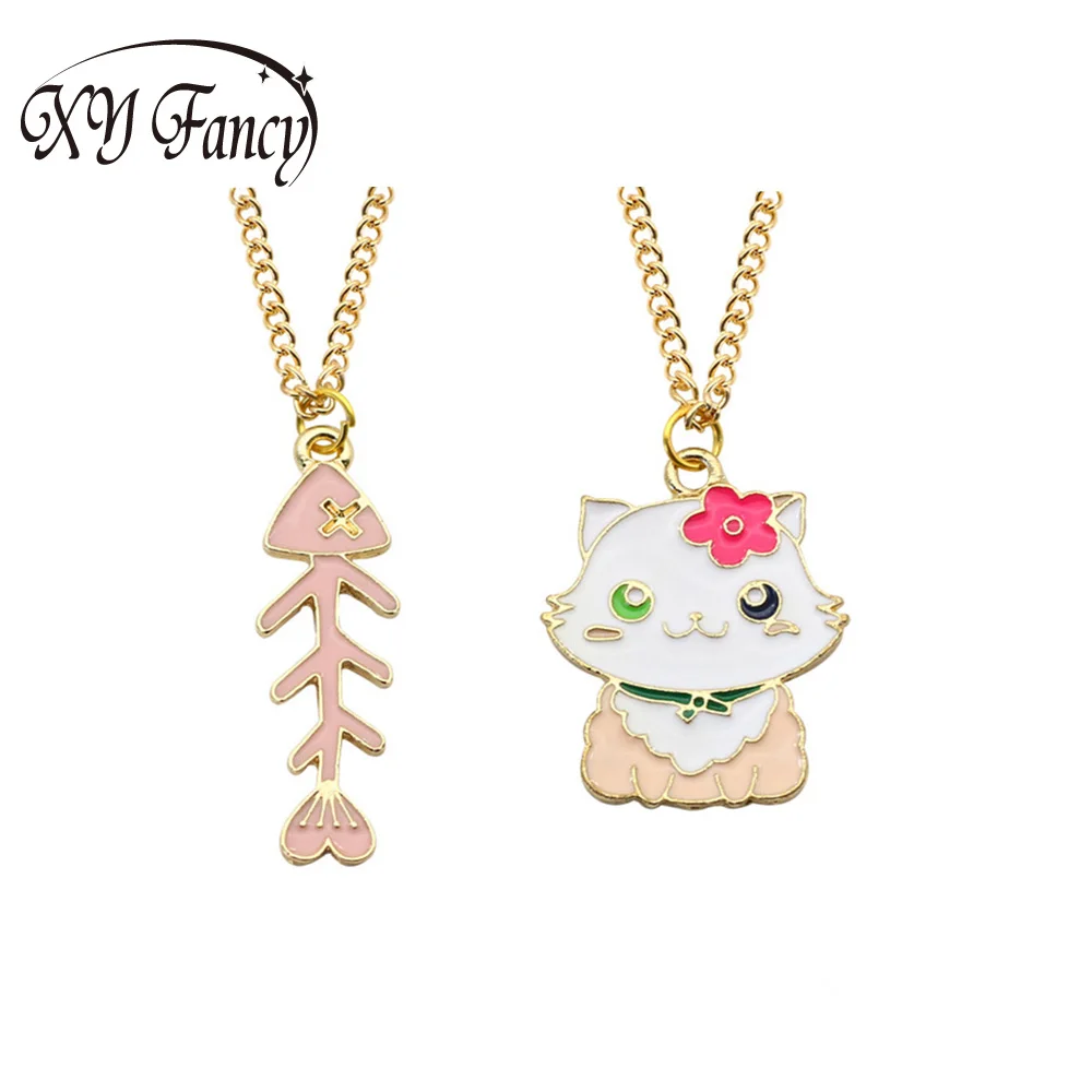XY Фантазии DIY Мода Cat рыбья кость кулон эмаль Колье Цепочки и ожерелья Золотая