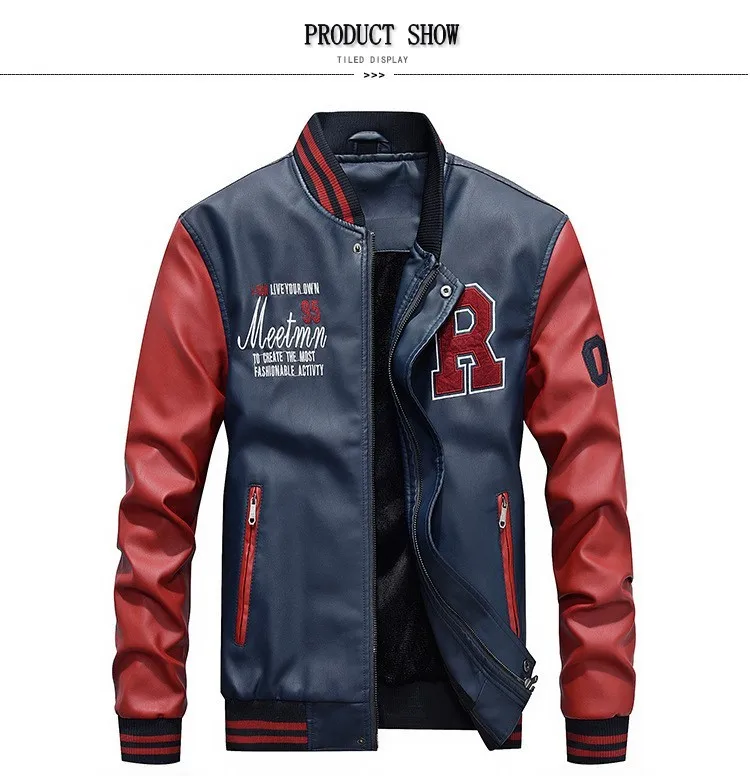 Мужская куртка с вышивкой Бейсбол мото искусственная кожа облегающие пальто колледж Роскошный Флис мотоцикл патч байкерские куртки мужские