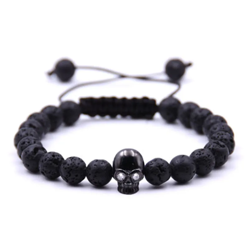 New Hand-woven Skull Head Cubic Zirconia Copper Beads Natural Red Turquoises Lava Stone Beaded Bracelet Bangle Women Men Jewelry | Украшения