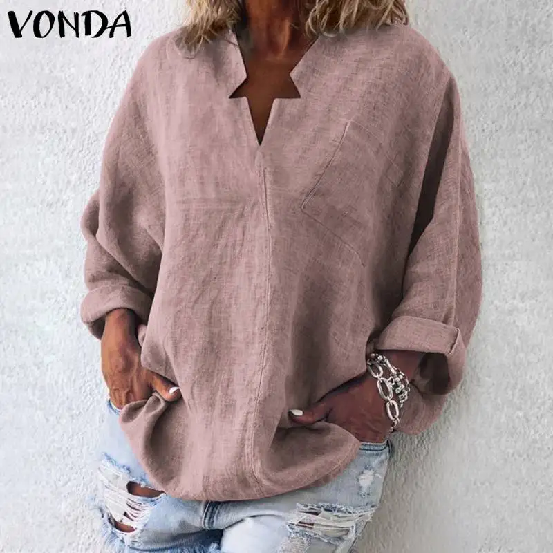 VONDA, 6 цветов, винтажная блуза, Женская Повседневная рубашка, весна, v-образный вырез, длинный рукав, топы, OL Blusas, Пляжная Женская Туника размера плюс